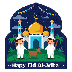 vector flat illustration of a Muslim family celebrating Eid Al-Adha Mubarak with a sheep, cow, goat. Features mosque silhouettes, crescent moon, and stars. Perfect for festive greetings