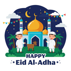 vector flat illustration of a Muslim family celebrating Eid Al-Adha Mubarak with a sheep, cow, goat. Features mosque silhouettes, crescent moon, and stars. Perfect for festive greetings