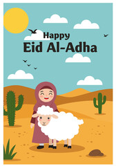 Festive vector flat illustration for Eid Al-Adha Mubarak. Features a happy Muslim girl with a goat in front of a decorated mosque. Perfect for Eid greetings