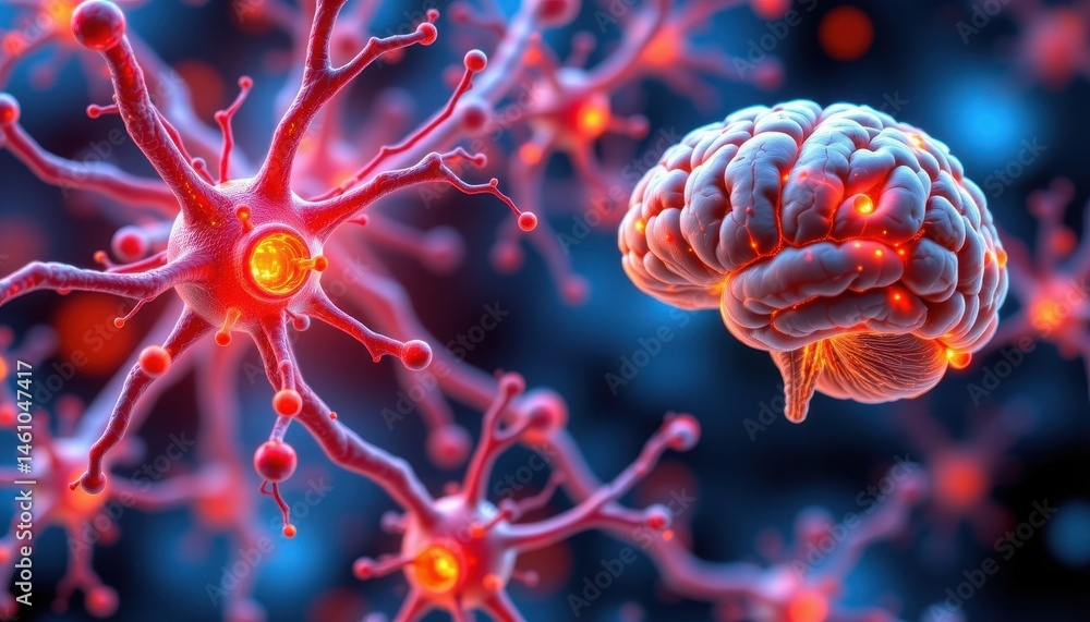 Poster create a 3d illustration of neural networks and nanotechnology in medical research, focusing on brai