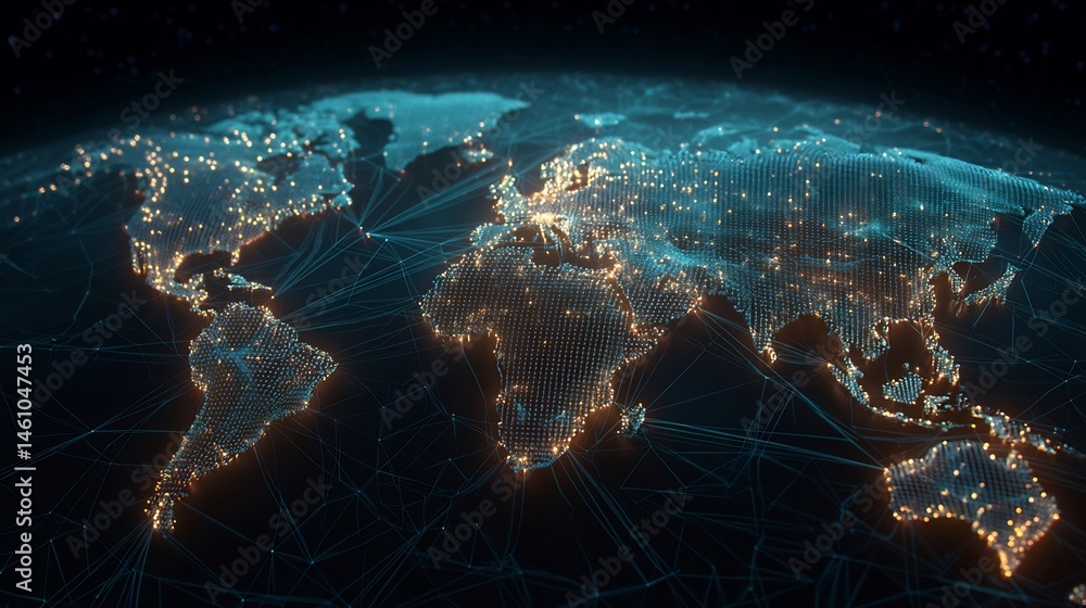 Poster digital interconnected world map with glowing dots and network lines design