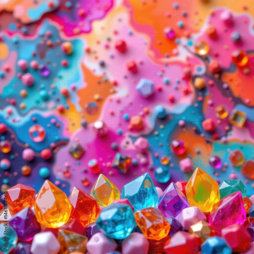 Poster create a vibrant and eye catching image featuring multi colored crystals set against a macro abstrac