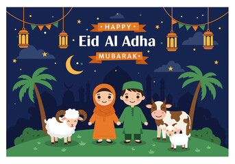 vector flat illustration of a Muslim family celebrating Eid Al-Adha Mubarak with a sheep, cow, goat. Features mosque silhouettes, crescent moon, and stars. Perfect for festive greetings
