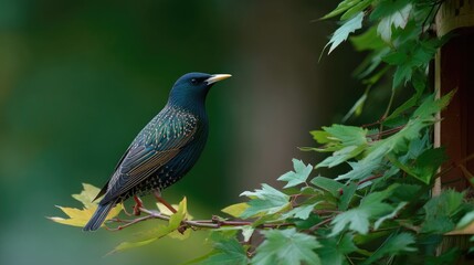 Small bird on tree branch in lush green foliage. Natural habitat.