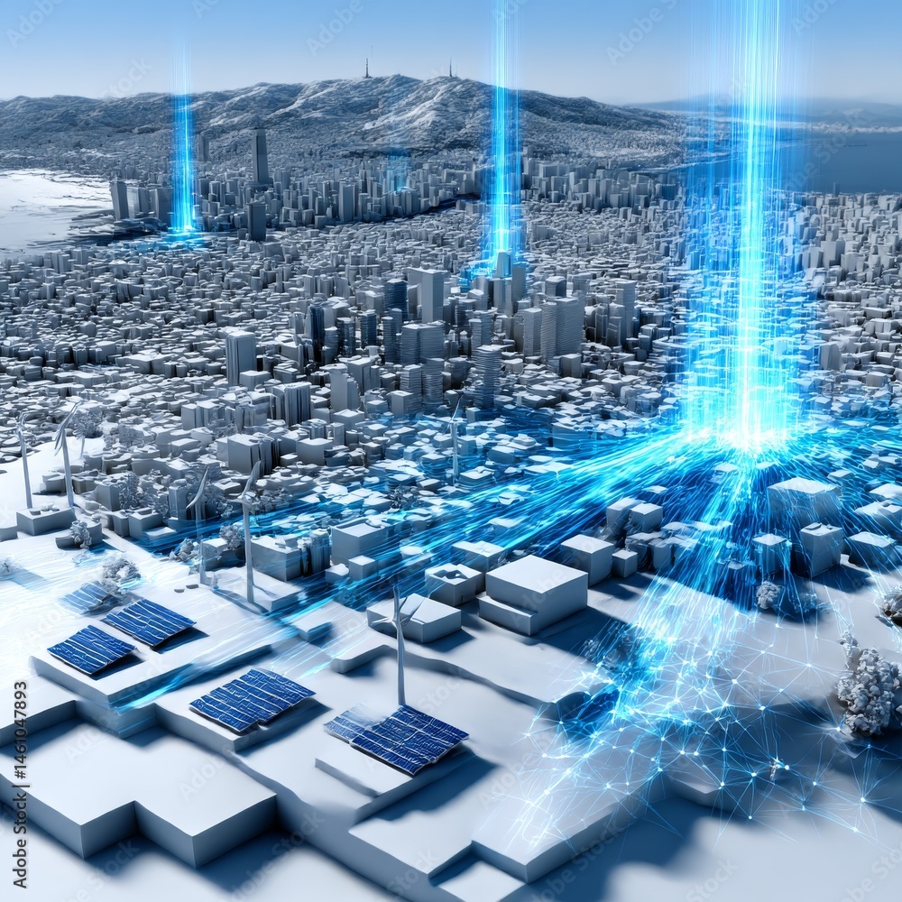 Poster smart city visualization: data streams connecting renewable energy sources and urban infrastructure