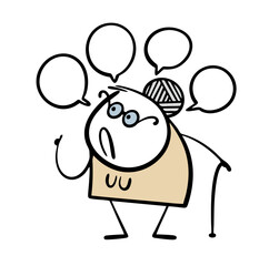 Cartoon disgruntled old lady teaches young people about life, gives advice, criticizes. Vector illustration of caricature woman angrily condemning neighbors and passersby, talking a lot.