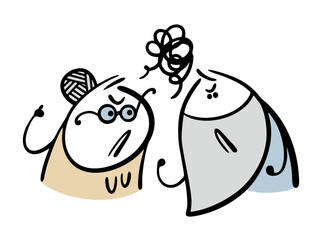 Cartoon old husband and wife argue, swear, and sort things out. Vector illustration of aggressive spouses, man and woman.