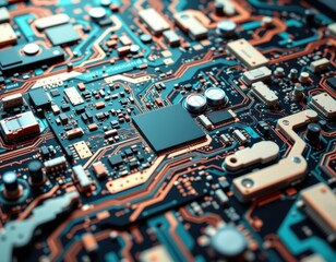 Obraz premium create an abstract futuristic image featuring a construction circuit board in a 3d rendering, the background should have a technology theme, with a clear, sparkling teal tone