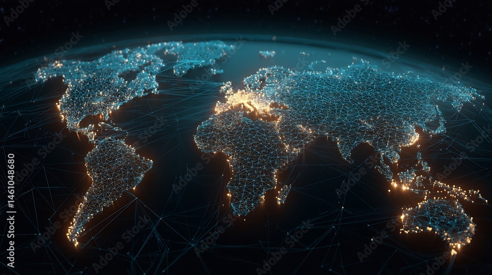 Aufkleber global connectivity illuminated in a polygonal network representing the world