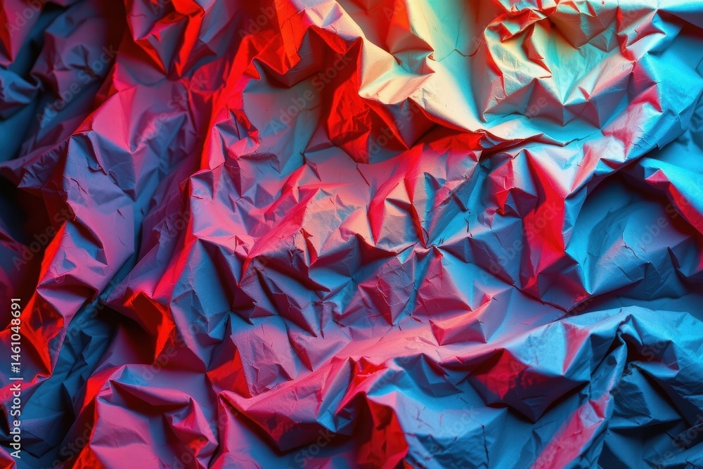 Poster create a photo of a top down view of crumpled textured paper illuminated by multicolored lighting
