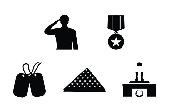 Memorial Day Tribute Symbols Saluting Soldier, Medal of Honor, Dog Tags, Folded Flag, and Military Memorial