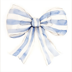 watercolor striped bow, pastel blue and white, isolated on white background
