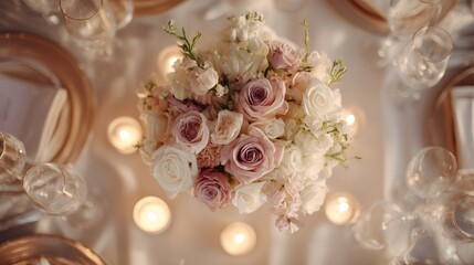 Elegant wedding table with floral centerpiece and fine china, radiating timeless romance and sophistication