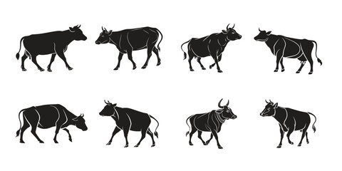 Cow wild animal black vector silhouette set.
