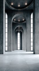 Fototapeta premium Minimalist concrete hall with towering columns and arched windows, embodying serene symmetry and modern elegance.