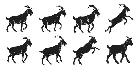 Vector goat silhouette collection isolated on white background.