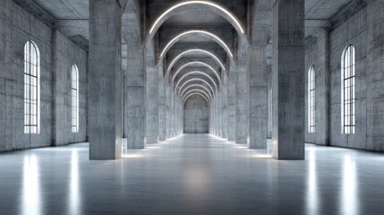 Obraz premium Minimalist concrete hall with towering columns and arched windows, embodying serene symmetry and modern elegance.