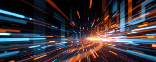 Obraz premium create an abstract image featuring light speed motion blur effect on a black background, set against a technology background