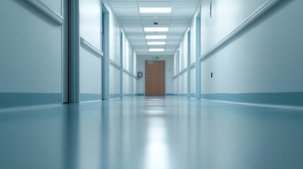 Fototapeta premium Long empty corridor in a modern hospital building during daytime with bright lighting and minimalistic design features