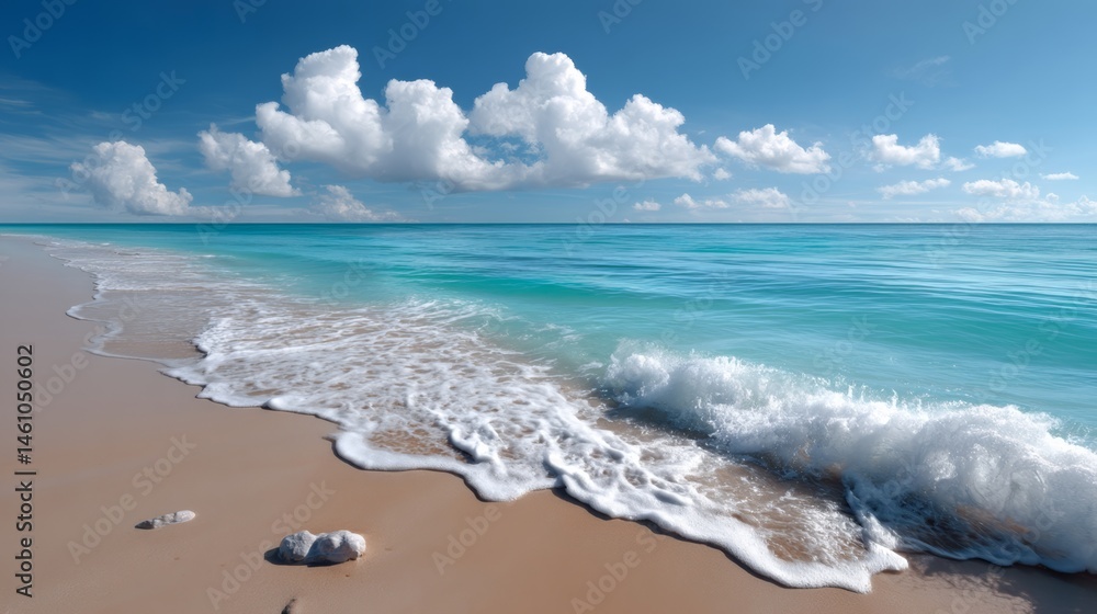 Poster the ocean is calm and the sky is cloudy. the beach is empty and the waves are small