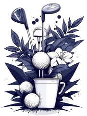 Golf clubs, balls, and flowers in a cup