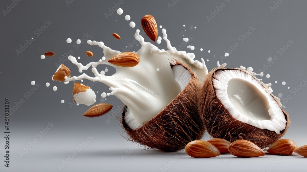 Poster close up of two coconuts with milk splashing out of them. the image has a playful and fun mood