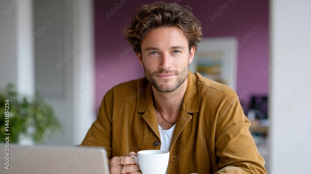 Poster man in a brown jacket is sitting at a table with a laptop and a cup of coffee. he is smiling and he 
