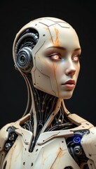 create a 3d rendering of a cyborg head with artificial intelligence in an isolated environment against a dark background, the subject should be positioned on the right side