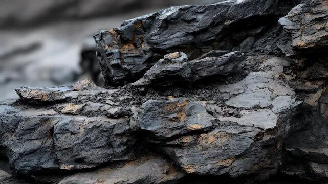 Textured surface of raw anthracite coal showing its lustrous black color and natural fracture patterns as a close-up abstract view.