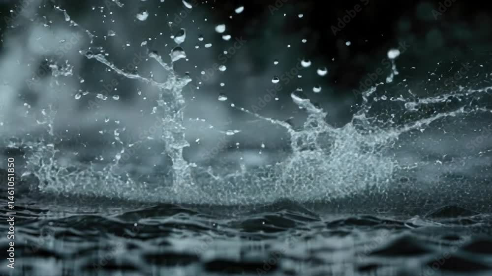 Aufkleber close up of raindrops splashing on dark surface, creating ripples and reflection of natures tranquil