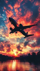 A vibrant sunset view of an airplane flying over a calm river.