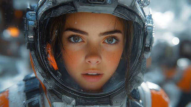 Close up, young woman gazes out from inside a weathered, sci-fi space suit