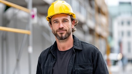 Man wearing a yellow hard hat and a black jacket. He is smiling and looking at the camera