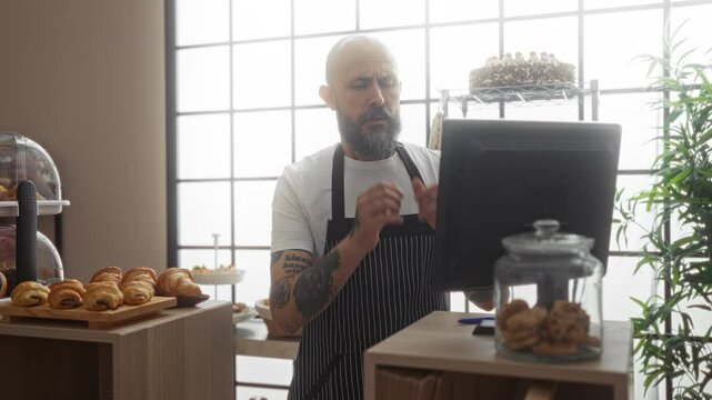Man working in a bakery checking the computer with both hands on his face expressing stress surrounded by pastries and cookies displayed on the counter