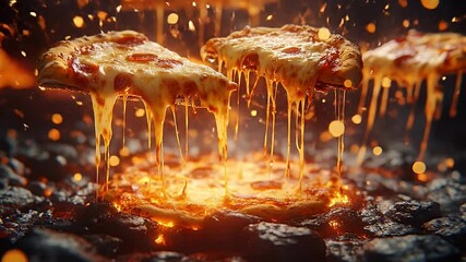 Molten Cheese Pizza Slices Dripping Over Black Stone Texture In Intense Orange Light
