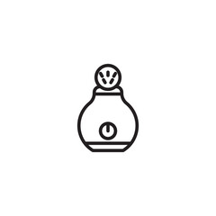 stylized icon of a bulbous container with a smaller circular top featuring three exclamation points. A power button symbol is visible on the main body.