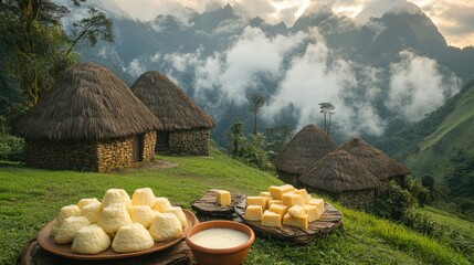 Traditional Andean huts nestled in a mountain valley, showcasing local dairy products