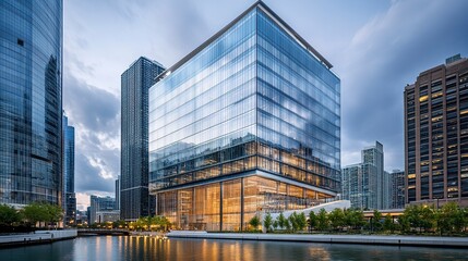 A high-rise office building with reflective glass panels, seamlessly blending with the surrounding skyscrapers, epitomizing financial growth and innovation 