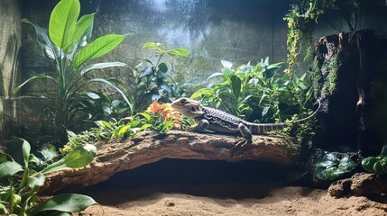 Plakat Bearded dragon lies on wood in lush terrarium. Use for reptile content, pets, and exotic animals.