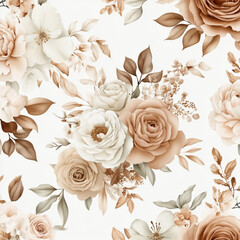 Seamless Pattern Displays Roses and Leaves in Muted Tones on White Background