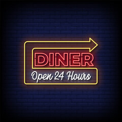 Obraz premium diner open 24 hours neon sign with brick wall background vector