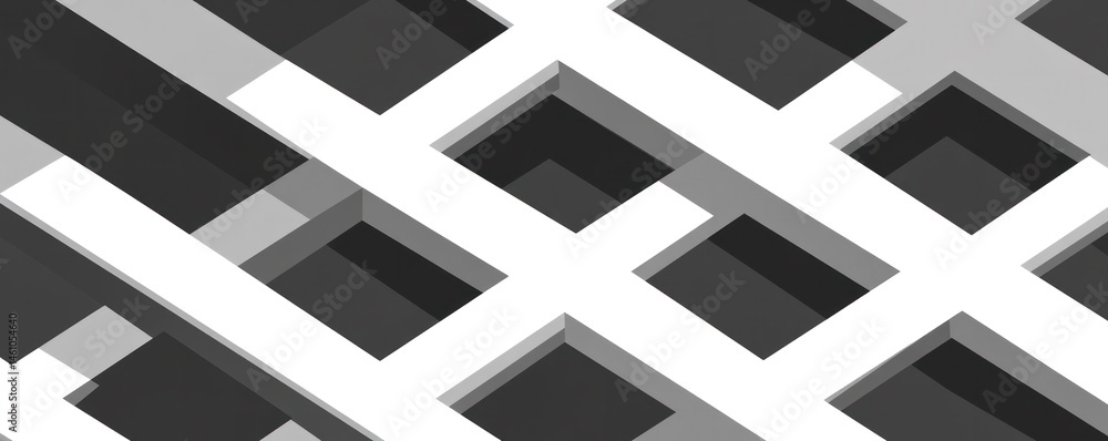 Poster the image is a black and white drawing of a grid of squares with holes in them. the squares are arra