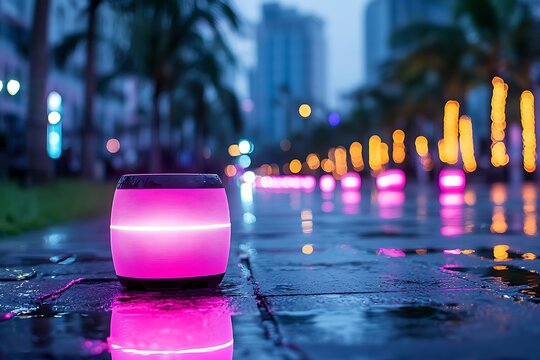 Pink light on wet pavement at night