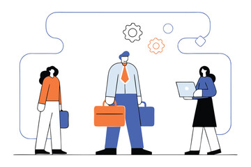 Flat Vector Illustration of Business Team Climbing Career Growth Steps with Gear Icons, Arrows, and Graph – Modern Concept for Leadership, Success, and Corporate Development.