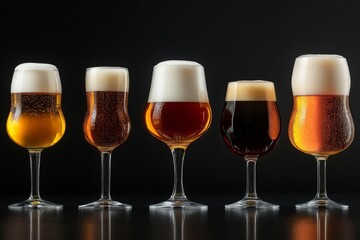 A selection of pints of beer arranged beautifully on a bar  