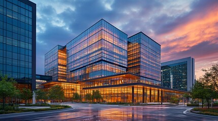 A modern business hub featuring a collection of tall office towers, their glowing windows reflecting the colors of the twilight sky, creating a vibrant cityscape 