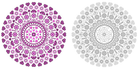 Mandala ornament made of hearts in different shades of pink
Anti-stress coloring page
Coloring page for adults