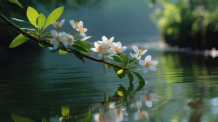 Serenity of Blooming Flowers Reflected in Calm Water During a Bright Morning
