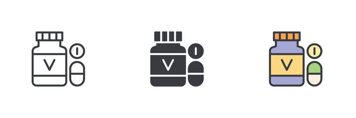 Bottle of vitamins capsules or pills different style icon set