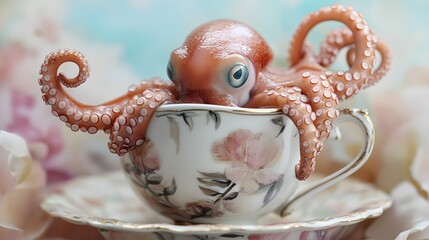 Naklejka premium Tiny octopus wrapped around a delicate teacup handle, peeking out with curious eyes in a soft pastel setting